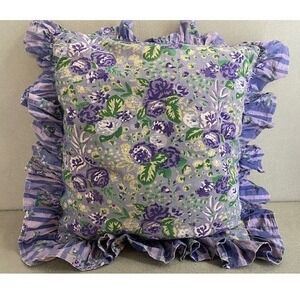 April Cornell Floral Ruffled Pillow Covers Purple Green Cotton Set of 2 Vintage